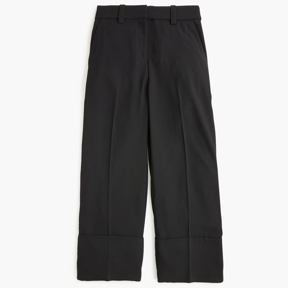 J. Crew Cropped Wide-Leg High Rise Pants Black 365 Crepe sz 12 Cuffed Bottom